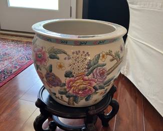 #61 $70.00 Fish bowl white wih floral on stand 13x17 with fish on the inside - not repro