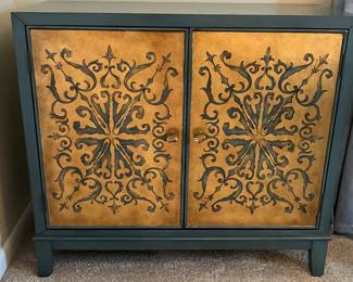 #98 $180.00 Blue grey cabinet with scrolls 34Tx38Wx16D