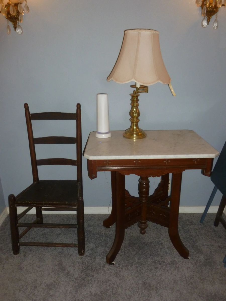 Victorian Marble-Top table, 19th Century Chair