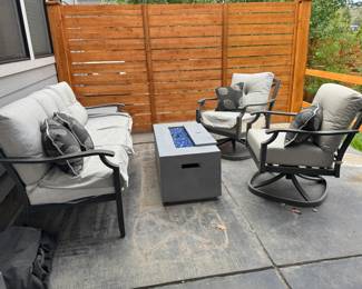 Outdoor firepit and furniture w/Sunbrella cushions & pillow