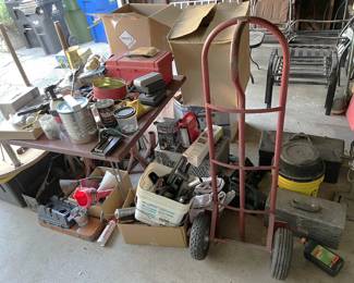 The hand truck in red is always handy, along with myriad other garage-oriented items.
