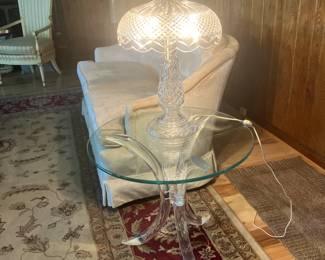 Glass top table, Waterford table lamp