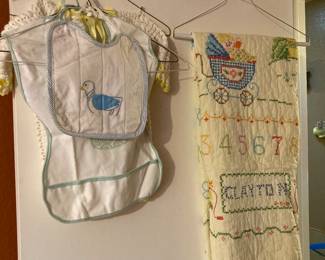 baby bibs, embroidered quilt