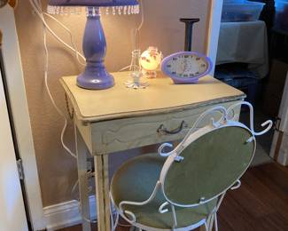 vintage lighted vanity desk and chair, lavender lamp and clock, nightlight