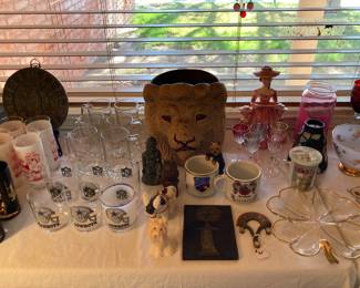 Haeger lion head planter, Mobil give-away Dallas Cowboys tumblers, Little Southwest Conference 5AAAA glasses set, etc.