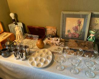 vintage napkin girls, glasses, pewter, egg tray, boxes