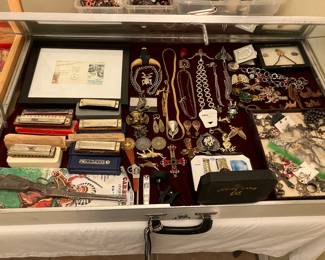 costume jewelry, vintage harmonicas including a tiny "Little Lady", etc.