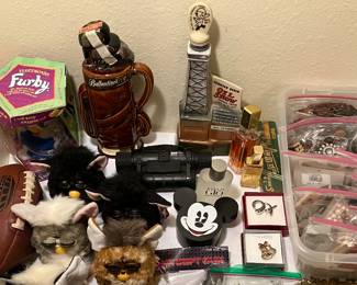 1972 Permian Basin Oil Show Jim Beam decanter, Canadian Mist golf clubs decanter, costume jewelry, Millenium Furbies, etc.