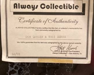 Don Larsen and Yogi Berra autographs COA