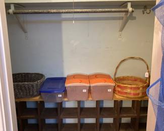 baskets, bins, and wood shoe (or anything) organizer
