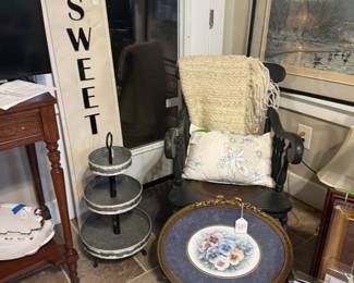 Sweet tea, metal galvanized, three tier tray, antique rocker, blue pillows, and pictures