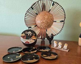 PC165Japanese Coaster Set And Vintage Bamboo wall Basket