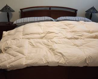King size bed, The Company Store Down Comfortors, Linens, Tiffany Style Lamps