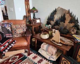Room view, kilim rugs, Morris style chairs, Arts & Crafts tables