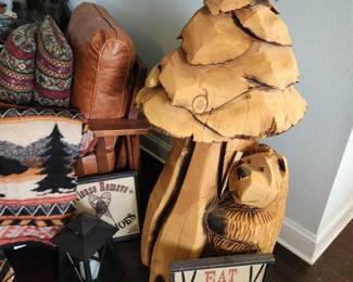 Carved Christmas tree, lodge decor, side view Morris Style chair
