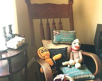 Sock Monkey taking a rest on the Antique Wood Rocking Chair