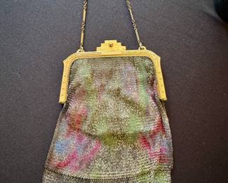 Whittling & Davis Painted Dresden Metal Mesh Hand Bag Purse w/ Mirror