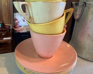 Melmac mugs and saucers 