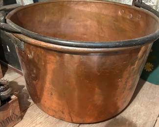 Antique Copper Cauldron with wrought iron handle