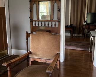 English coat rack , French hand carved mohair upholstered desk chair