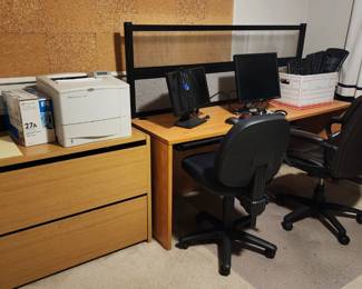Modern office furniture-- very nice desk with matching file cabinet and chairs, computer components