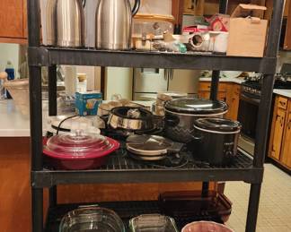 more kitchen ware, Pyrex, crock pots, etc