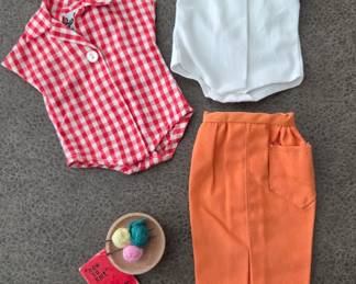 Barbie shirts and skirt, yarn and needles accessory with book