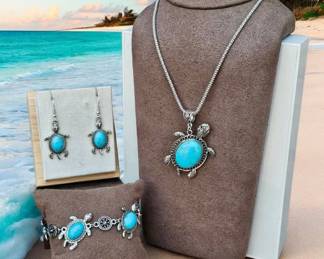 Deep Sea Turtle Necklace, Earrings Bracelet Set