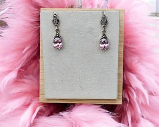 Sterling Silver Marcasite Pink Stone Drop Earrings Tested