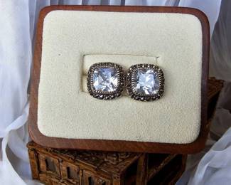 Sterling Silver JC Marcasite Clear Stone Earrings Tested