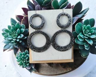 Jet Black With Rhinestones Double Hoop Earrings