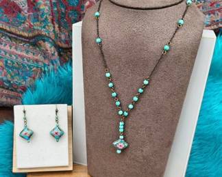Cloisonne Flower Necklace Matching Earrings