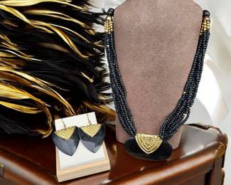 Tribal Necklace Matching Earrings Black Gold