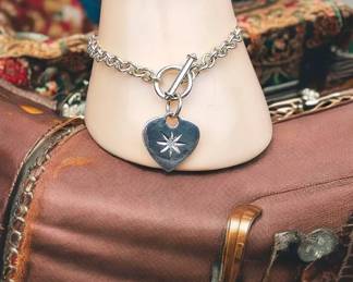 Sterling Silver Diamond Heart Charm Bracelet Tested