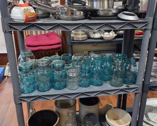 Authentic blue Ball and others canning jars, many with glass lids, Revere and other cookware, vintage crocks