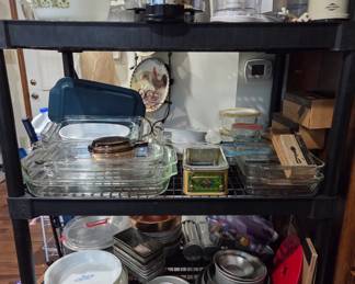Modern Pyrex, Anchor Hocking bakeware, vintage Cornflower Blue Corning pieces, more bakeware, small appliances