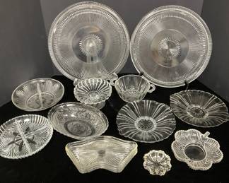 Two Federal Glass Serving Trays, Glass Relish Trays, Candy Dishes More