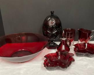 Ruby Red Durand France Egg Candy Dish, 1930s Anchor Hocking Maple Leaf Candy Dishes More