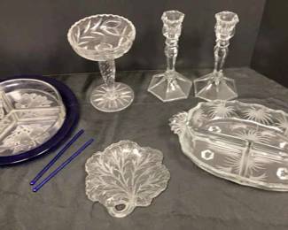 Cobalt Blue Etched Glass Serving Dishes, Candle Holders More
