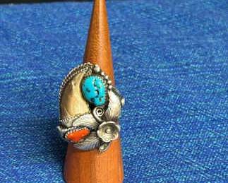 007 Turquoise, Coral Sterling Mens Size 10 1 2 Ring