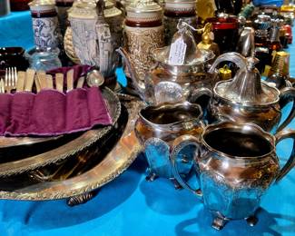 Sterling Silver Tea Set, Platters & Trays. Art Deco Silver Plated Tableware