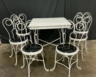 White Wrought Iron Table And Six Chairs