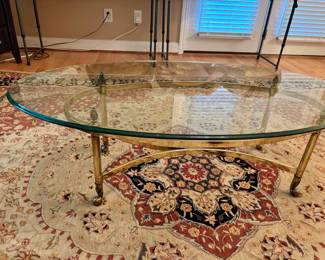 Vintage Mid Century Labarge Style Brass and Glass Oval Coffee Table