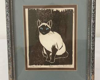 Woodcut of Siamese Cat by Lois Aulis Raleigh, NC Signed Numbered