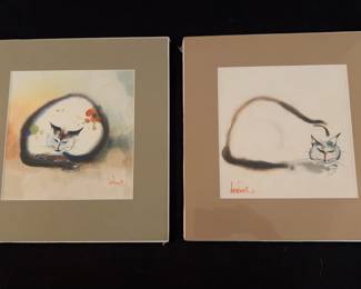 Two Matted Prints of Cats Signed by Artist