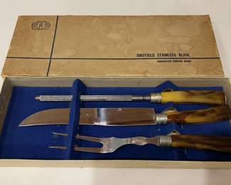 Vintage Sheffield 3piece Carving Set Knife, Fork Sharpener