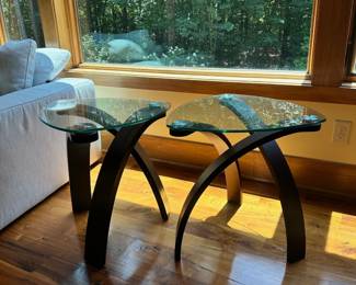M44 - $60 EACH. Side tables, 2 available. Wood base with glass top. 20" wide x 23" deep x 24" tall.