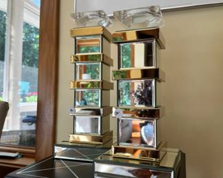 M54 - $20 Each. MCM style mirror/gold pillar candle holders. 13" and 15" tall.
