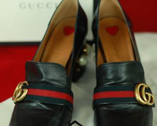 S4 - $300. Gucci. Size 38.5. Made in Italy. Black Leather Web GG Marmont Faux Pearl Block Heel Pumps.