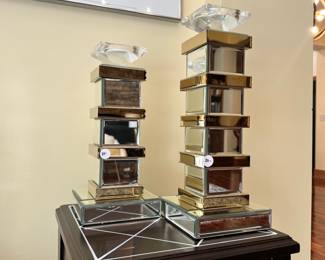 M54 - $20 Each. MCM style mirror/gold pillar candle holders. 13" and 15" tall.